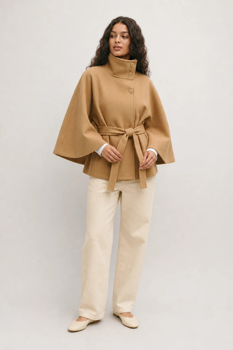 Sofaine Ella women's belted high-collar cape coat in Brown, worn front