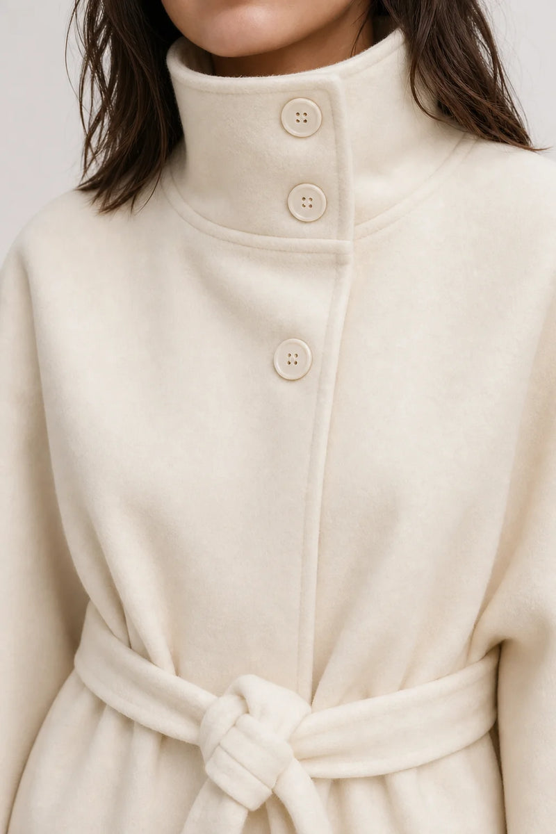 Sofaine Ella women's belted high-collar cape coat in Beige, collar button and belt detail