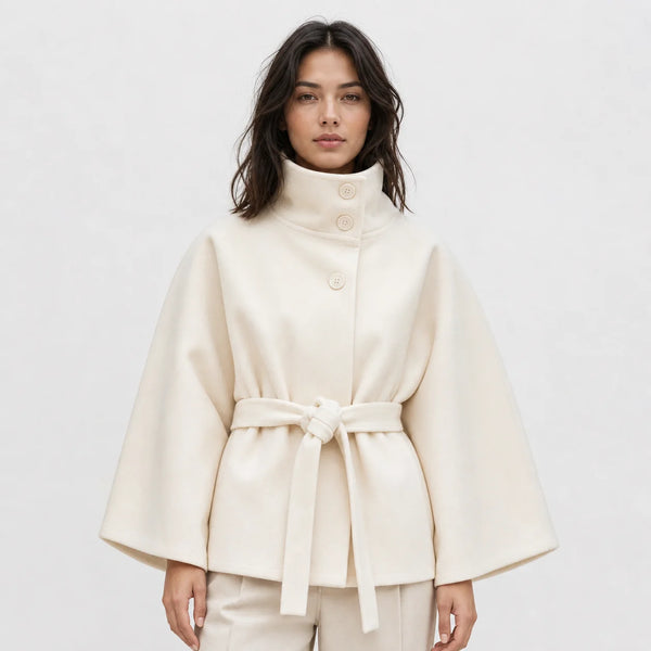 Sofaine Ella women's belted high-collar cape coat in Beige, worn front hero