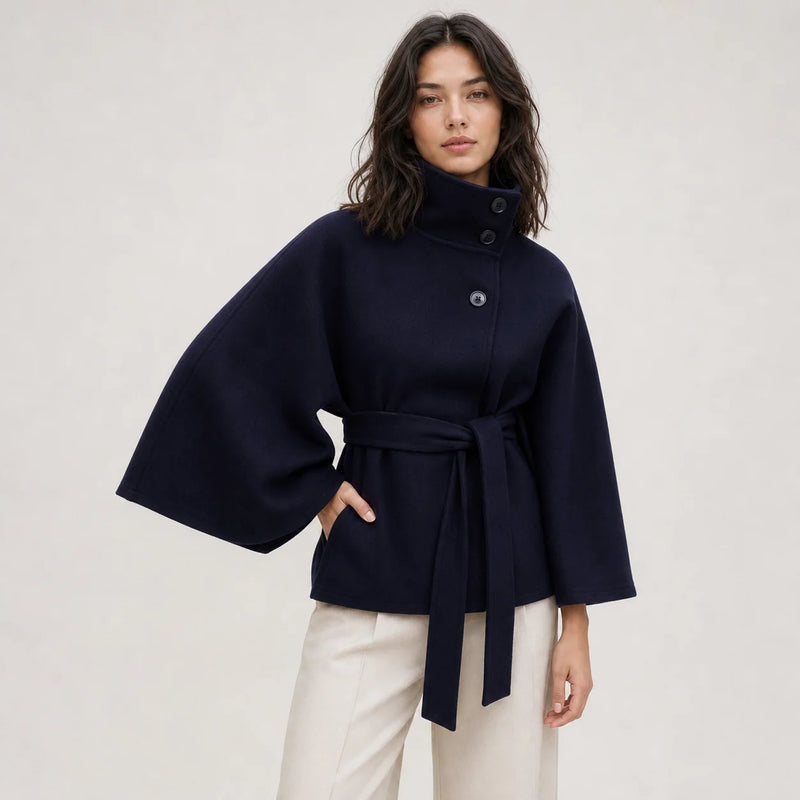 Sofaine Ella women's belted high-collar cape coat in Blue, worn front