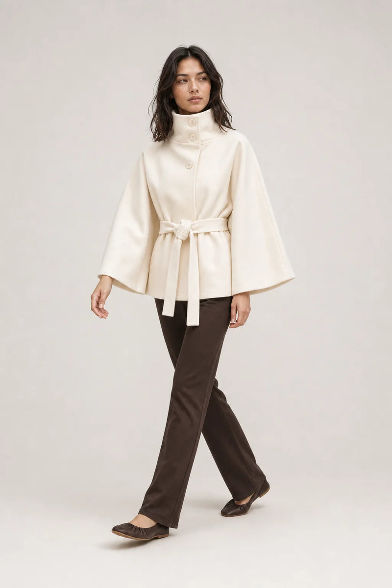 Sofaine Ella women's belted high-collar cape coat in Beige, styled full look