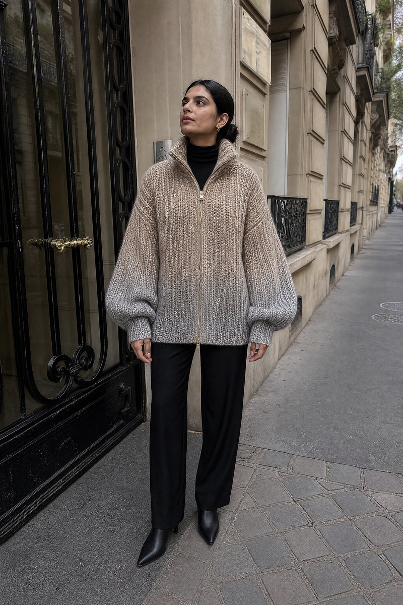 SOFAINE-V7-LIFE-Elle | Sparkly Oversized Sweater in Khaki Beige, a