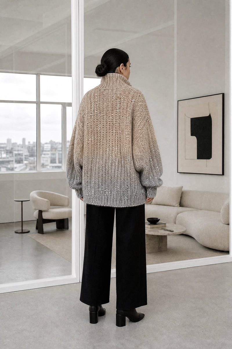 Elle | Sparkly Oversized Sweater in Khaki Beige, back