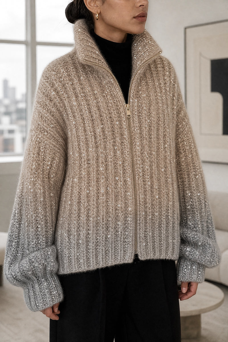 Elle | Sparkly Oversized Sweater in Khaki Beige, closeup