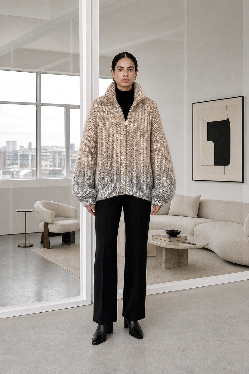 Elle | Sparkly Oversized Sweater in Khaki Beige, front
