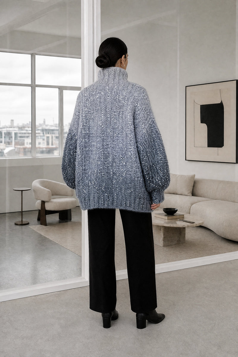 Elle | Sparkly Oversized Sweater in Light Steel blue, back
