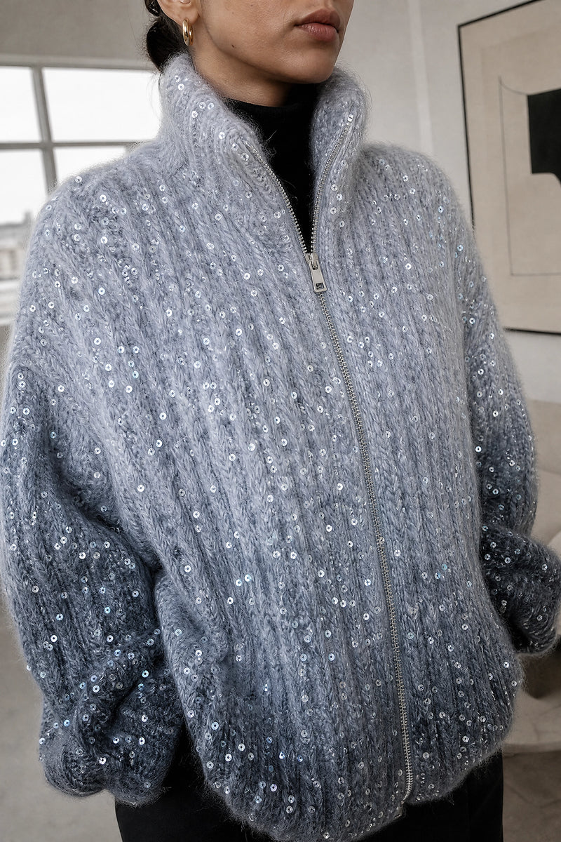 Elle | Sparkly Oversized Sweater in Light Steel blue, closeup