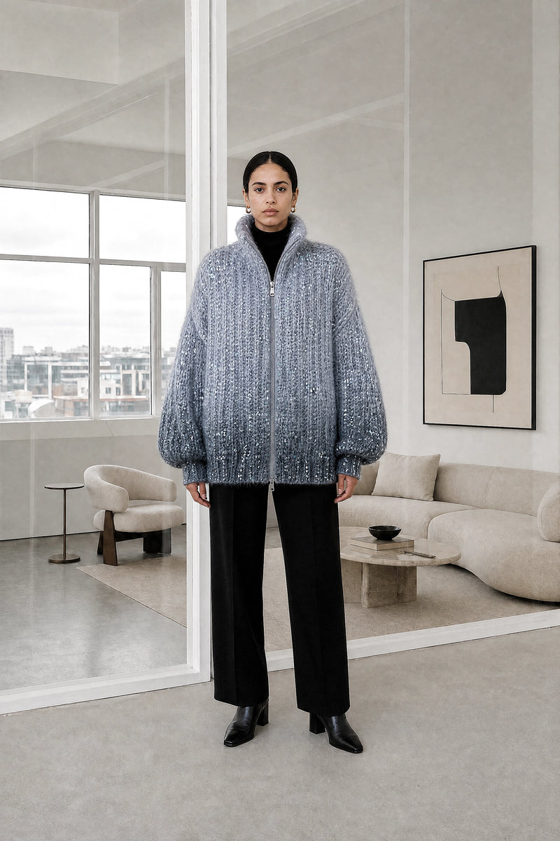 Elle | Sparkly Oversized Sweater in Light Steel blue, front