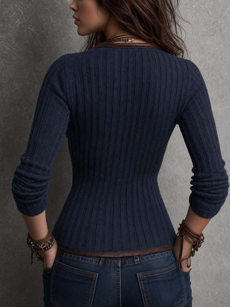Ribbed Sweater Jacket for Women with Faux Leather Trim and Lapel Collar in Navy, back view