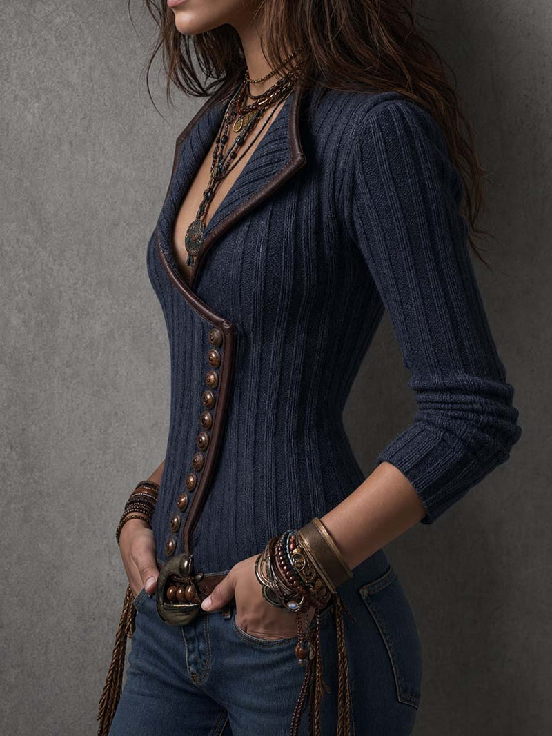 Ribbed Sweater Jacket for Women with Faux Leather Trim and Lapel Collar in Navy, side view