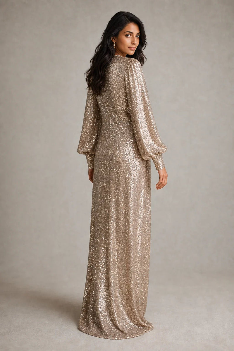 Sofaine Ellie sequin balloon-sleeve maxi dress in champagne gold, back view
