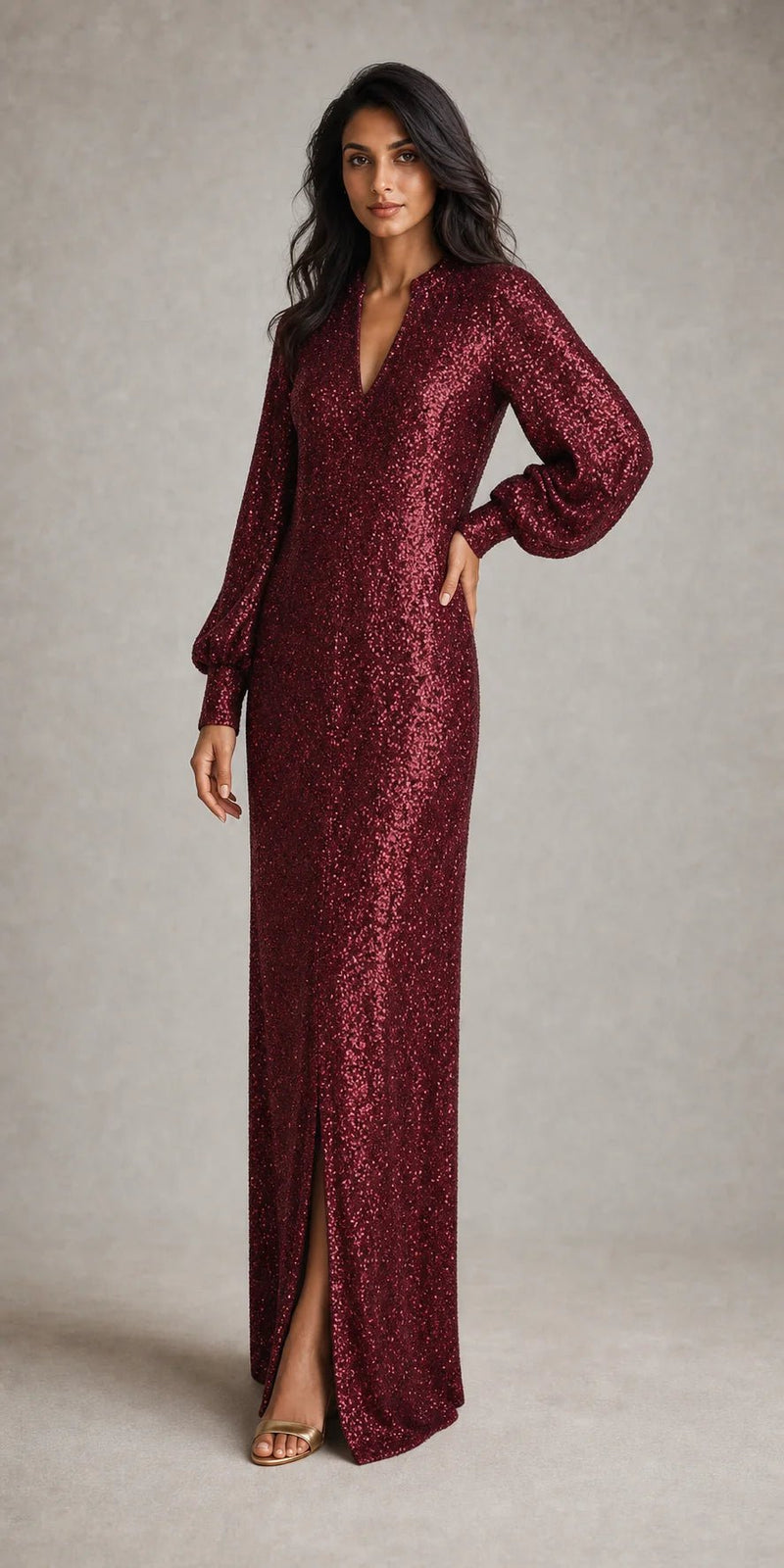 Sofaine Ellie sequin V-neck maxi dress in deep burgundy with balloon sleeves, worn front view