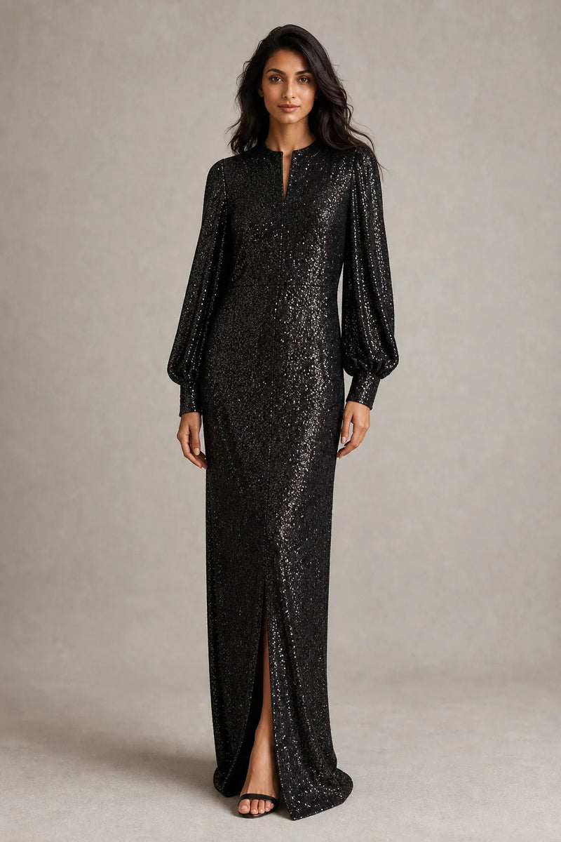 Sofaine Ellie sequin notch-neck maxi dress in black with balloon sleeves, worn front view