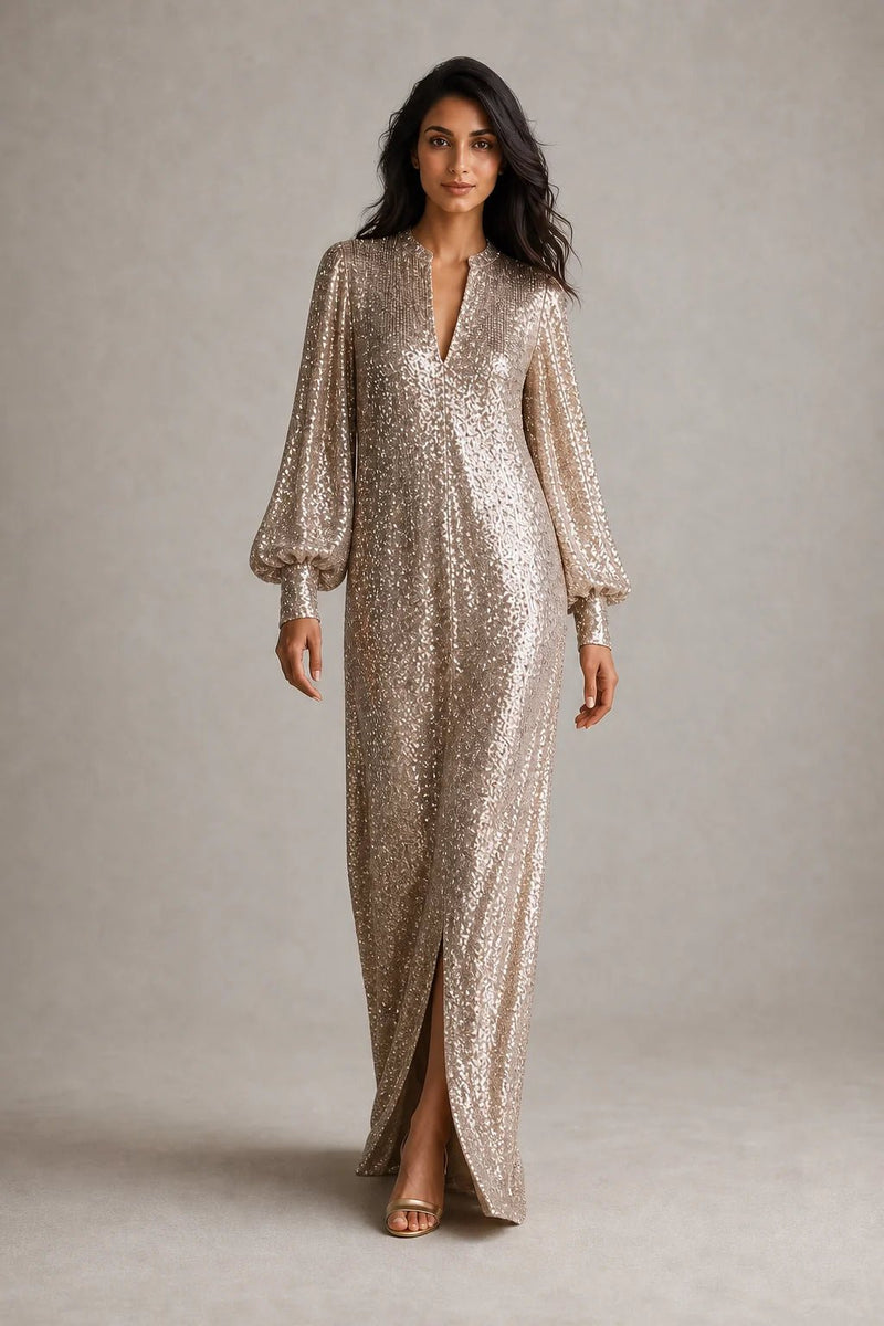 Sofaine Ellie sequin V-neck maxi dress with front slit in champagne gold, styled full look