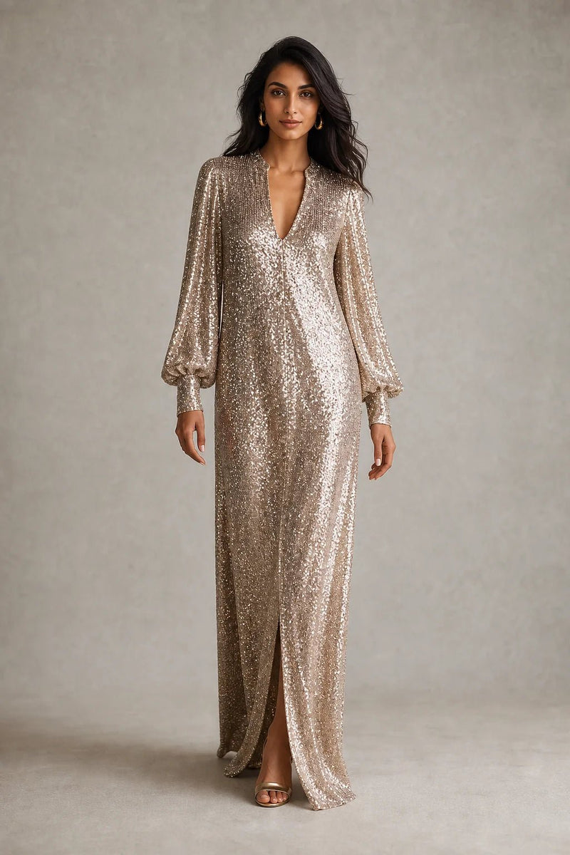 Sofaine Ellie sequin V-neck maxi dress in champagne gold with balloon sleeves, worn front view