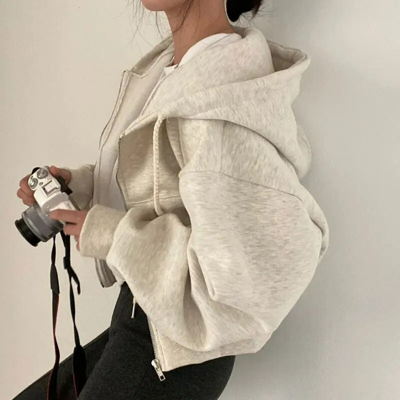 Oversized Cropped Zip Up Hoodie for Women with Drawstring Hood in Beige, side view