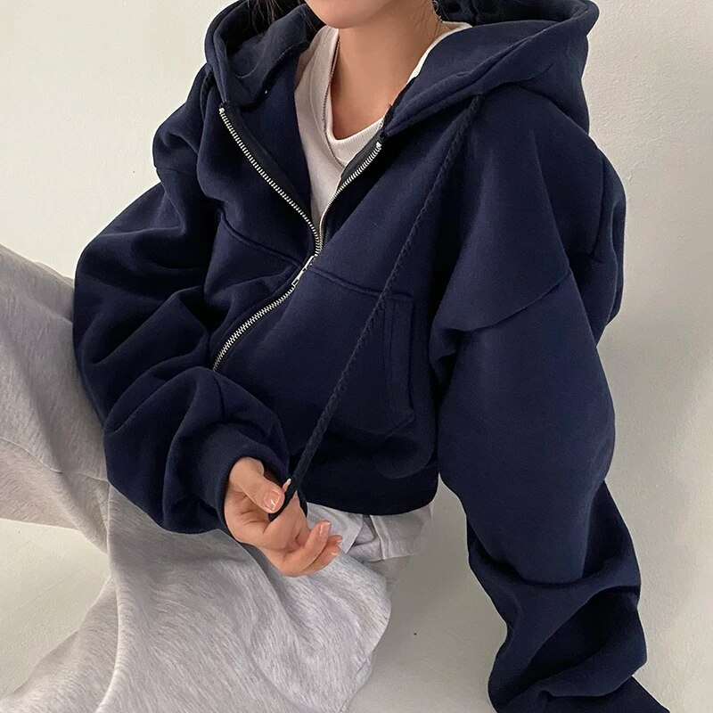Oversized Cropped Zip Up Hoodie for Women with Drawstring Hood in Navy Blue, front view