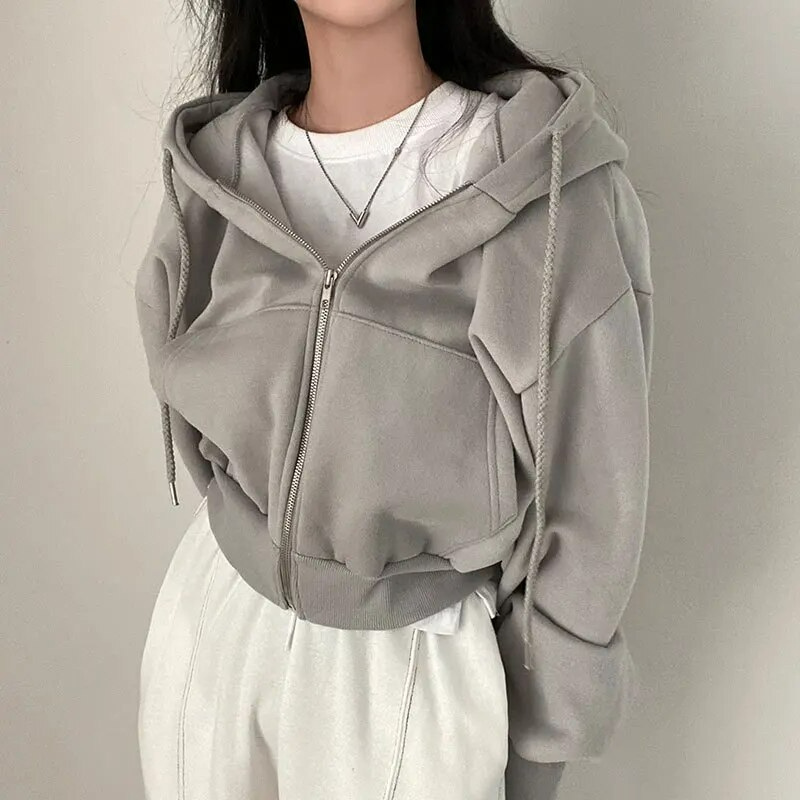 Oversized Cropped Zip Up Hoodie for Women with Drawstring Hood in Gray, front view