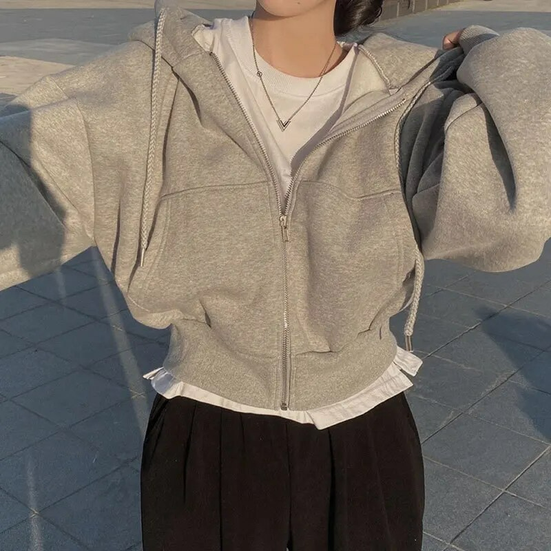 Oversized Cropped Zip Up Hoodie for Women with Drawstring Hood in Light Gray, front view