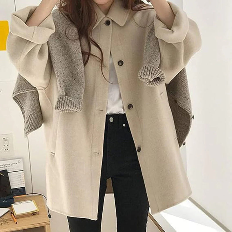 Relaxed Short Wool-Look Coat for Women with Shirt Collar and Button Front in Beige, front view