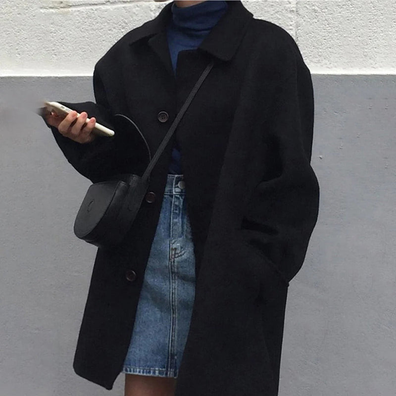 Relaxed Short Wool-Look Coat for Women with Shirt Collar and Button Front in Black, front view
