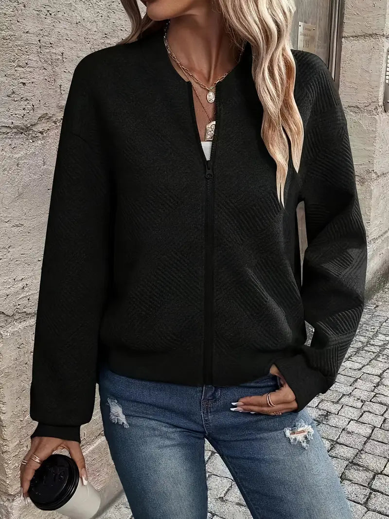 Textured Knit Zip Up Cardigan for Women with Ribbed Cuffs and Hem in Black, front view zipped