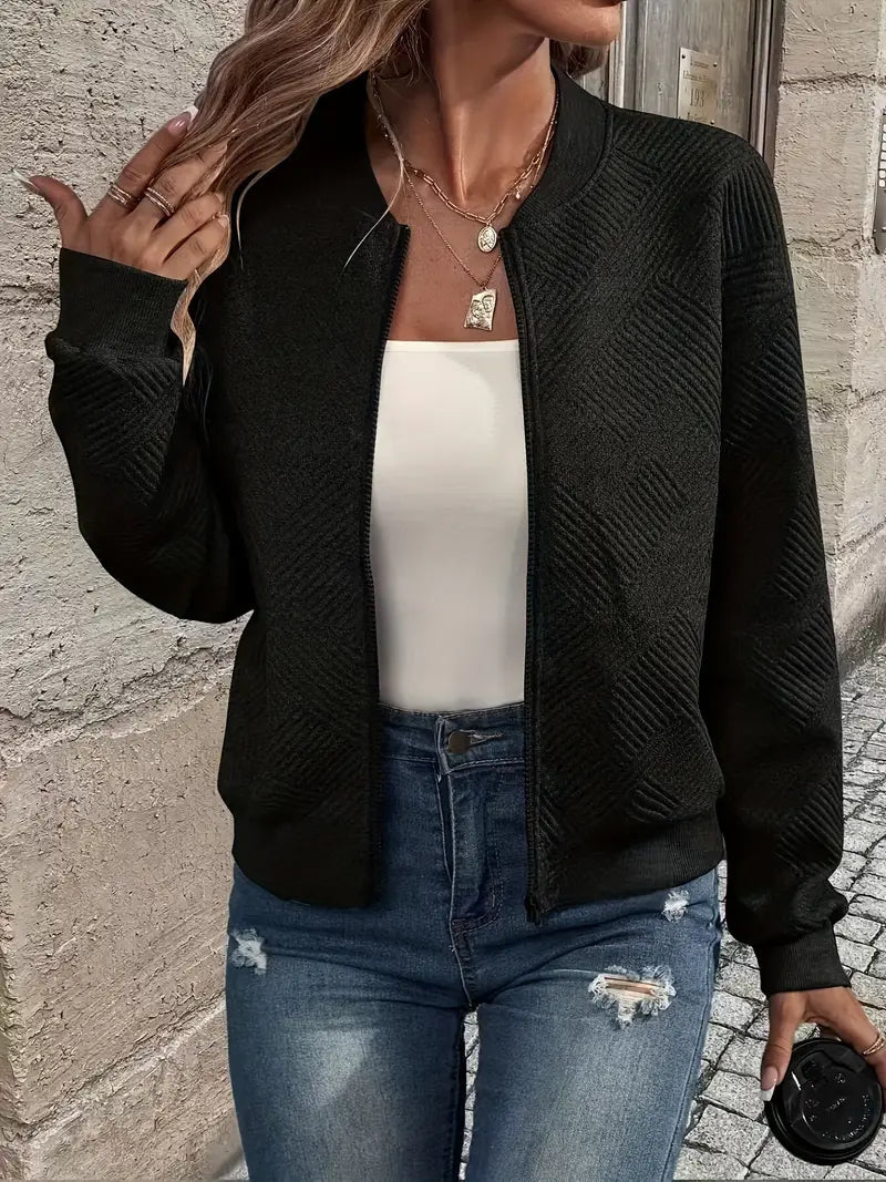 Textured Knit Zip Up Cardigan for Women with Ribbed Cuffs and Hem in Black, open front view
