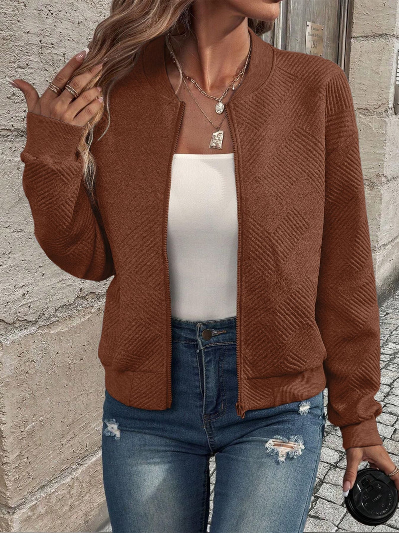 Textured Knit Zip Up Cardigan for Women with Ribbed Cuffs and Hem in Brown, open front view