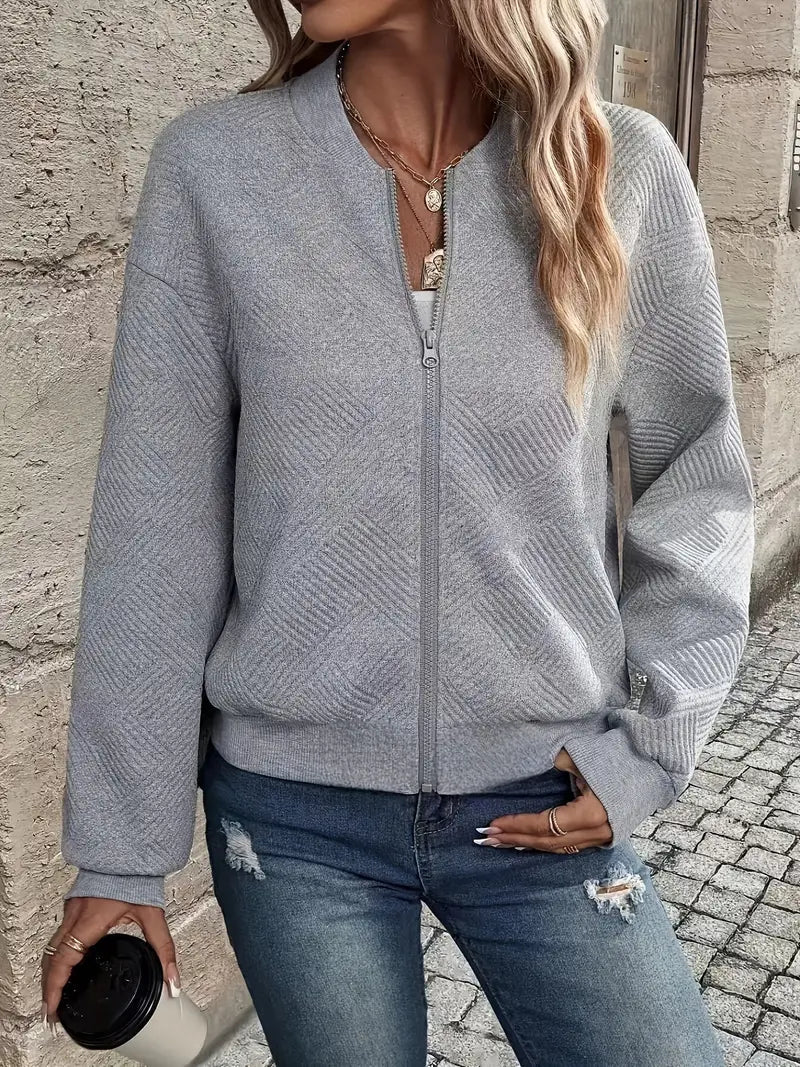 Textured Knit Zip Up Cardigan for Women with Ribbed Cuffs and Hem in Gray, front view zipped