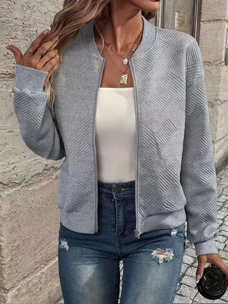 Textured Knit Zip Up Cardigan for Women with Ribbed Cuffs and Hem in Gray, open front view