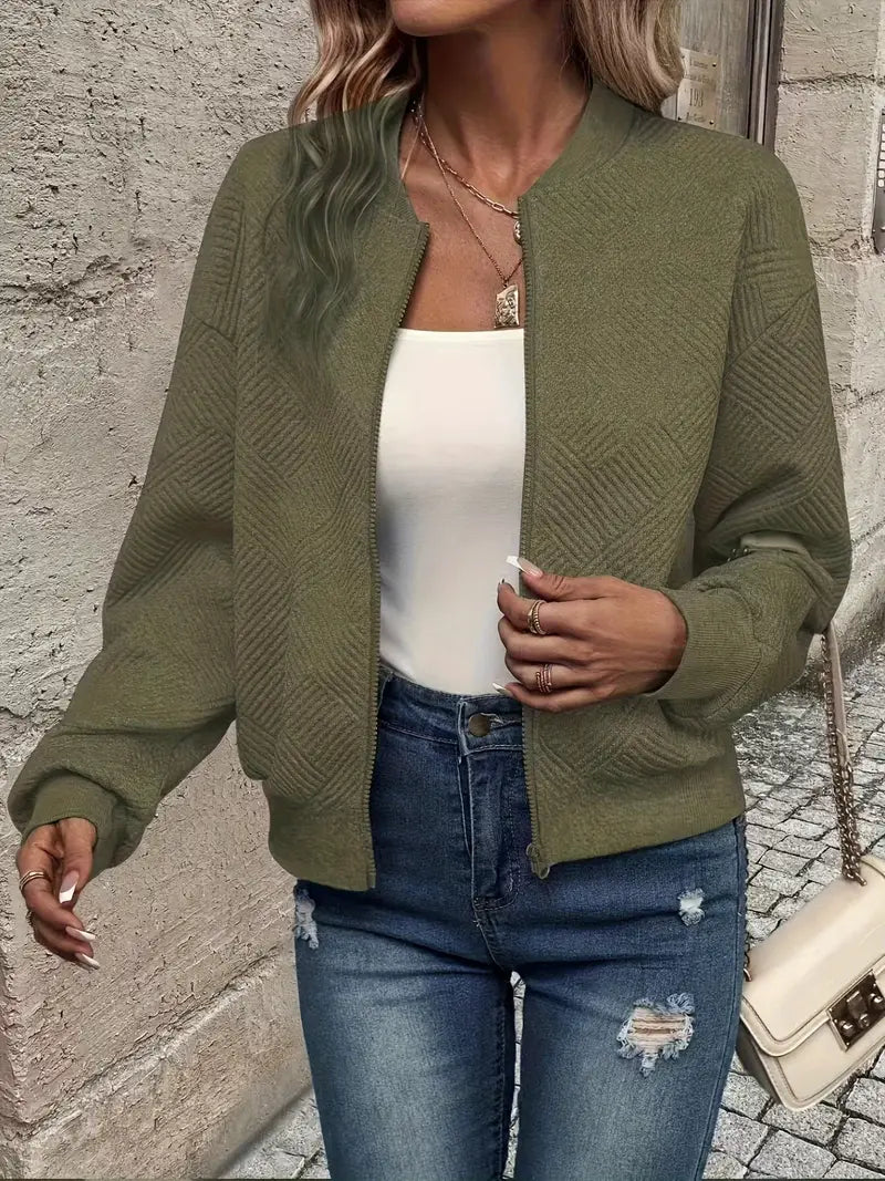 Textured Knit Zip Up Cardigan for Women with Ribbed Cuffs and Hem in Olive Green, open front view