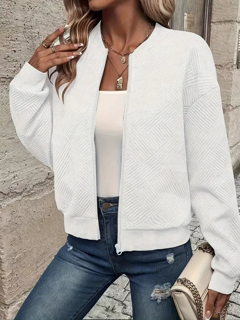 Textured Knit Zip Up Cardigan for Women with Ribbed Cuffs and Hem in White, open front view