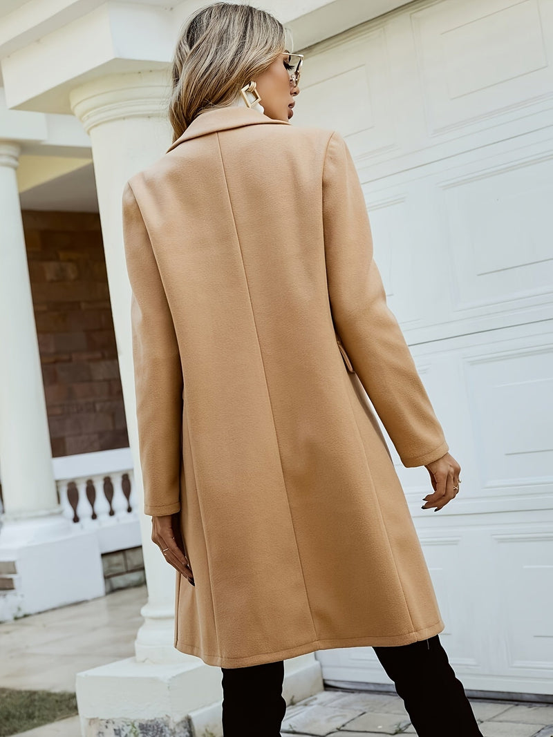 Double Breasted Overcoat for Women with Notch Lapels and Flap Pockets in Camel, back view