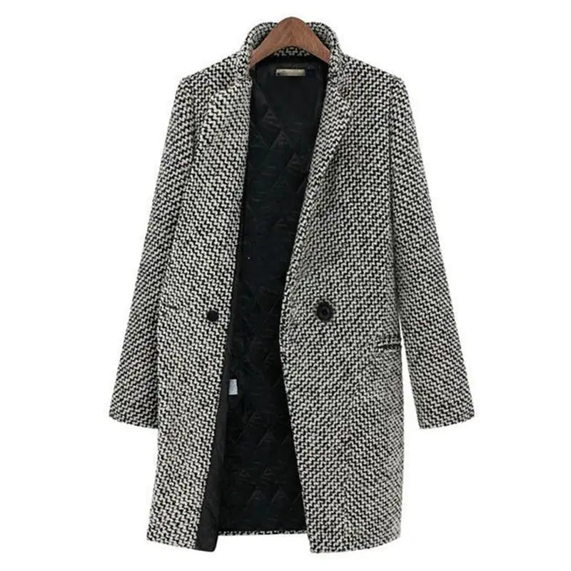 Herringbone Tweed Coat for Women with Quilted Lining and Notch Lapels, open front view
