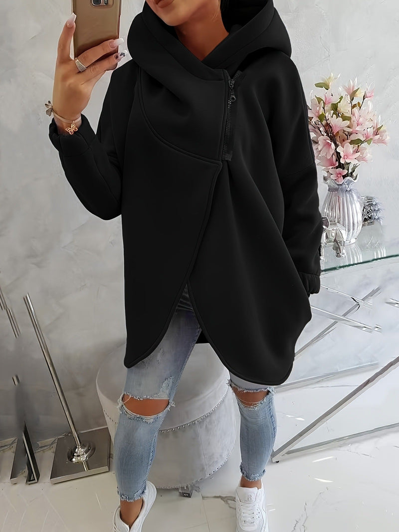 Cowl Neck Hoodie for Women with Asymmetric Zip and Tulip Hem in Black, front view