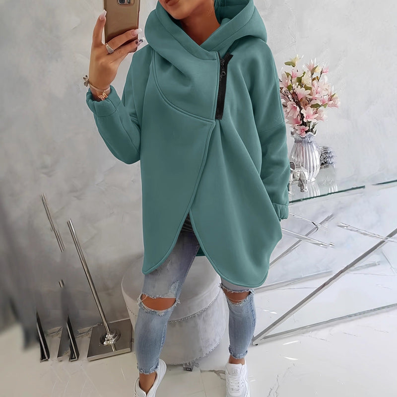 Cowl Neck Hoodie for Women with Asymmetric Zip and Tulip Hem in Green, front view