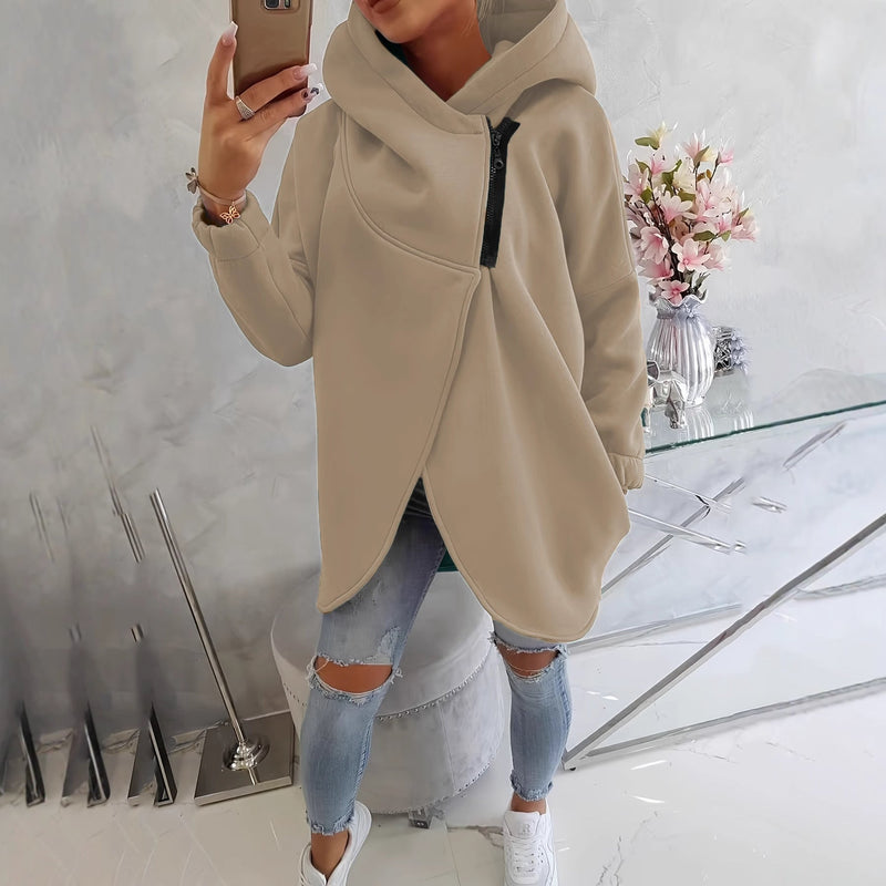 Cowl Neck Hoodie for Women with Asymmetric Zip and Tulip Hem in Khaki, front view