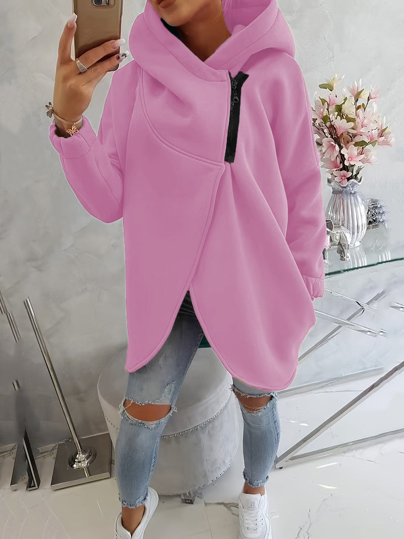 Cowl Neck Hoodie for Women with Asymmetric Zip and Tulip Hem in Pink, front view