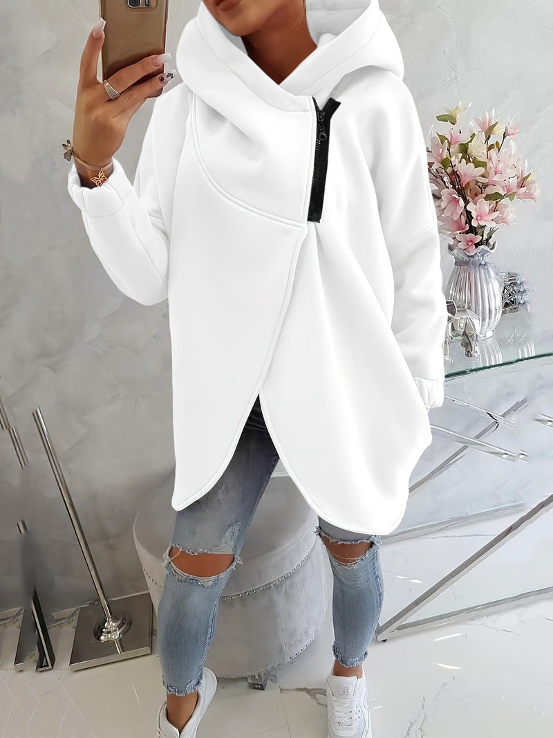 Cowl Neck Hoodie for Women with Asymmetric Zip and Tulip Hem in White, front view