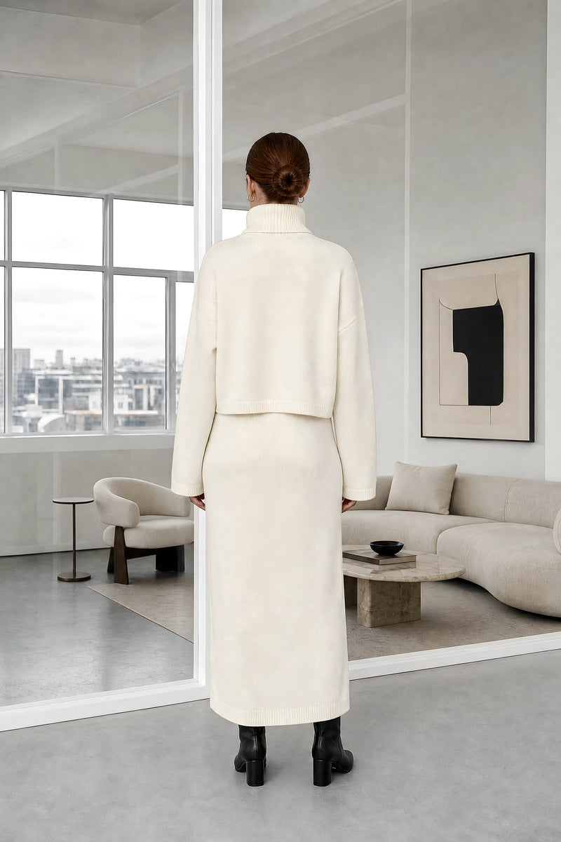 Ember | Knit Sweater Set in Cream, studio back view