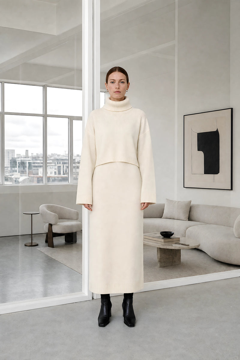 Ember | Knit Sweater Set in Cream, studio front view