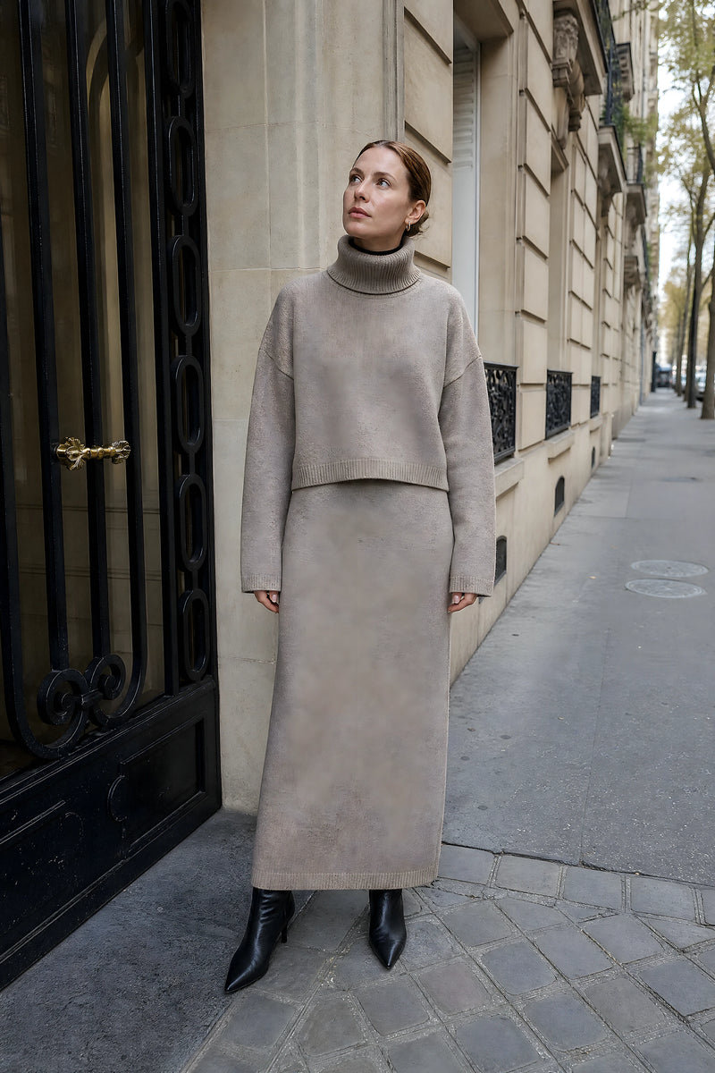 SOFAINE-V7-LIFE-Ember | Knit Sweater Set in Dark Beige, street-style view