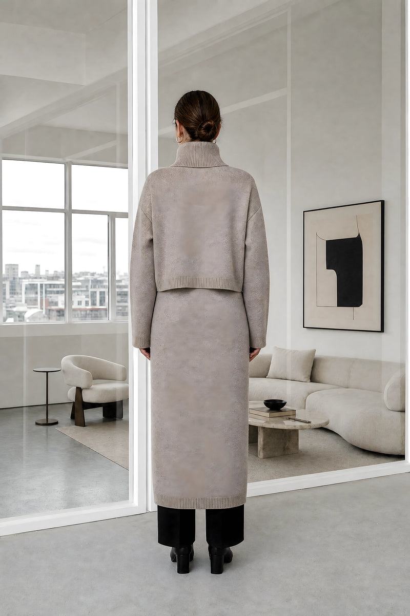 Ember | Knit Sweater Set in Dark Beige, studio back view