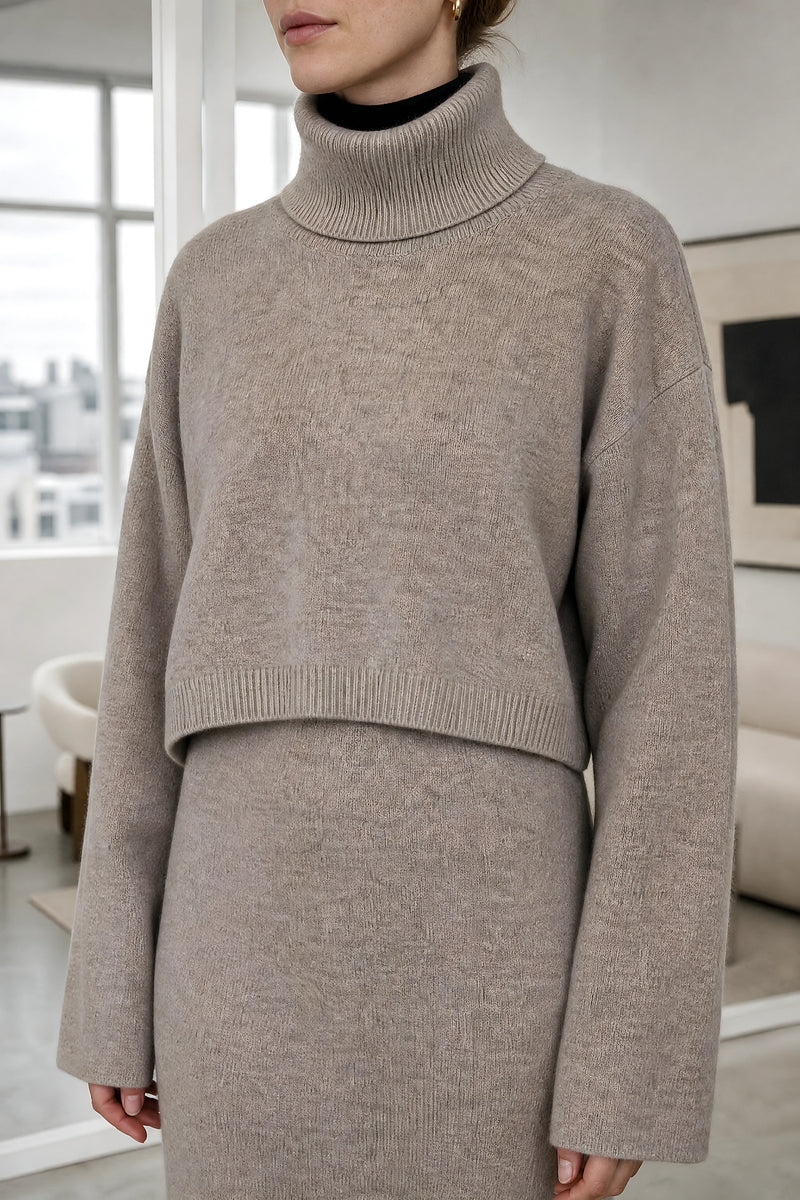 Ember | Knit Sweater Set in Dark Beige, fabric close-up