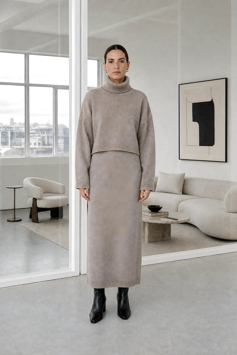 Ember | Knit Sweater Set in Dark Beige, studio front view