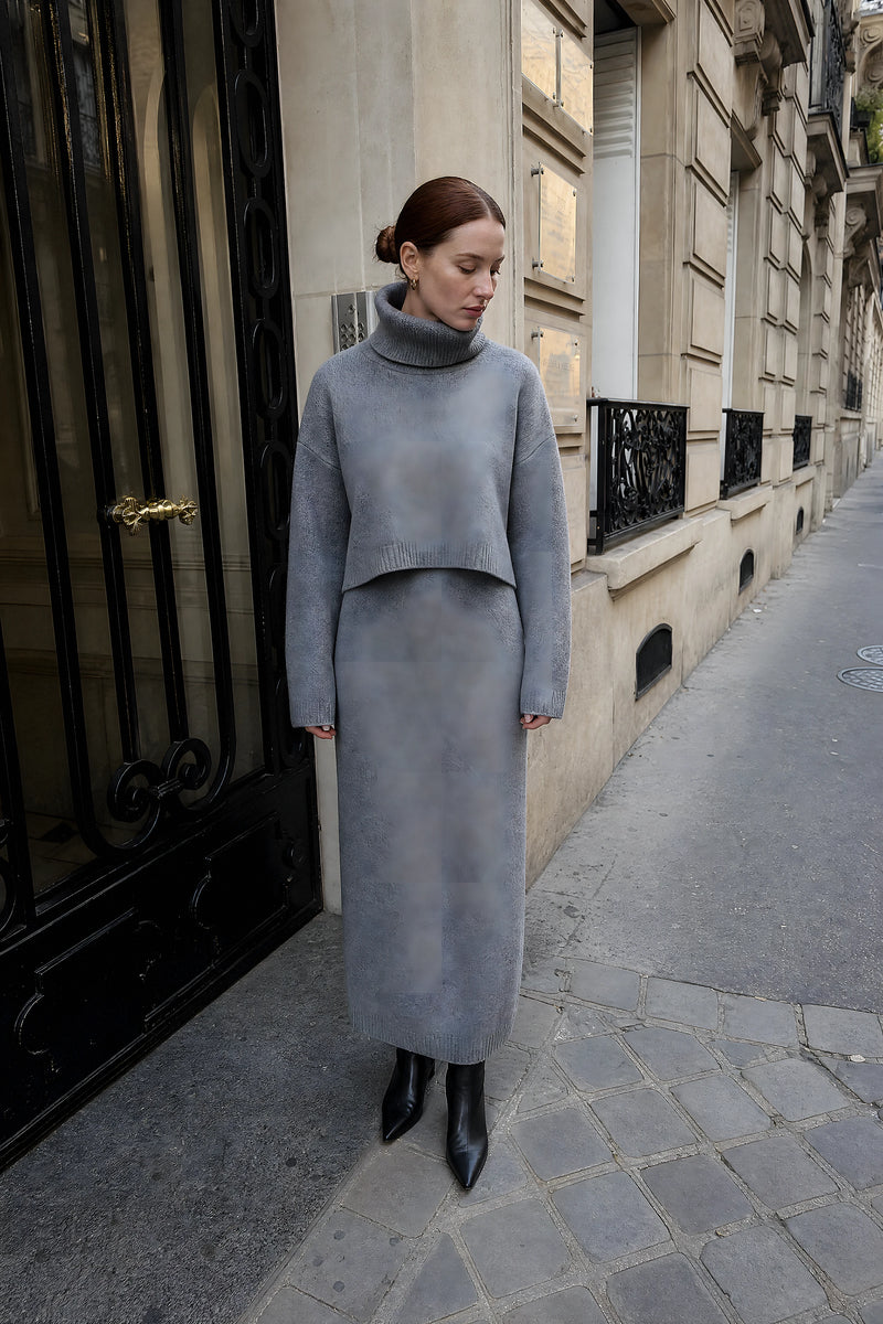 SOFAINE-V7-LIFE-Ember | Knit Sweater Set in Gray, street-style view