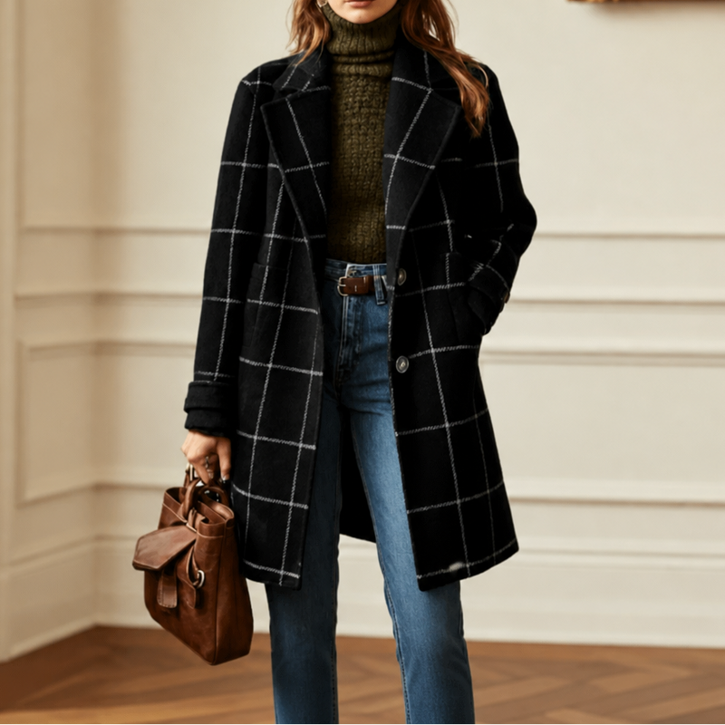 Plaid Wool-Look Overcoat for Women with Notch Lapels and Two-Button Front in Black Plaid, front view