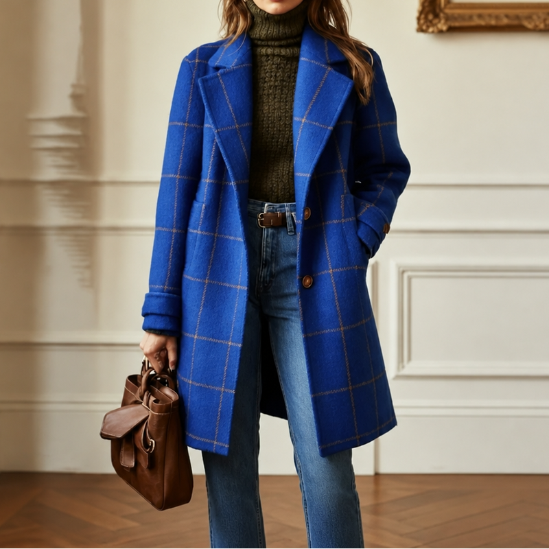 Plaid Wool-Look Overcoat for Women with Notch Lapels and Two-Button Front in Blue Plaid, front view