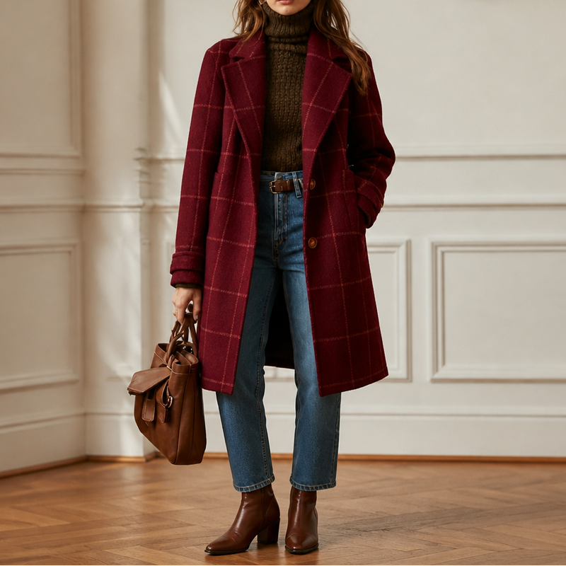 Plaid Wool-Look Overcoat for Women with Notch Lapels and Two-Button Front in Burgundy Plaid, front view