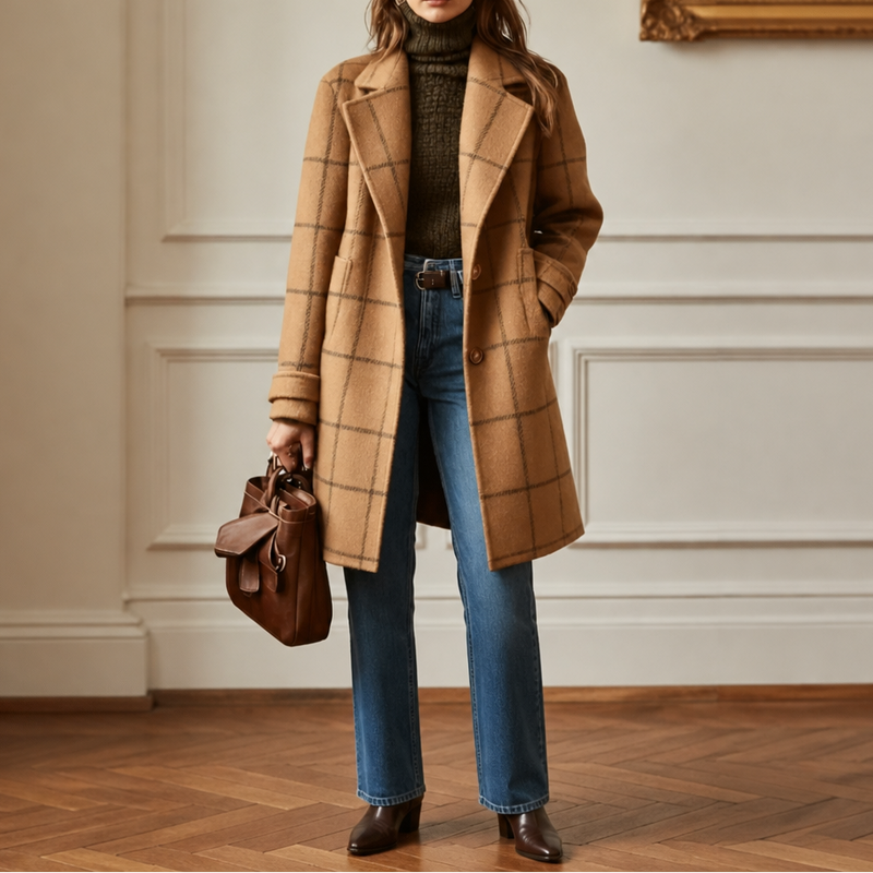 Plaid Wool-Look Overcoat for Women with Notch Lapels and Two-Button Front in Camel Plaid, front view